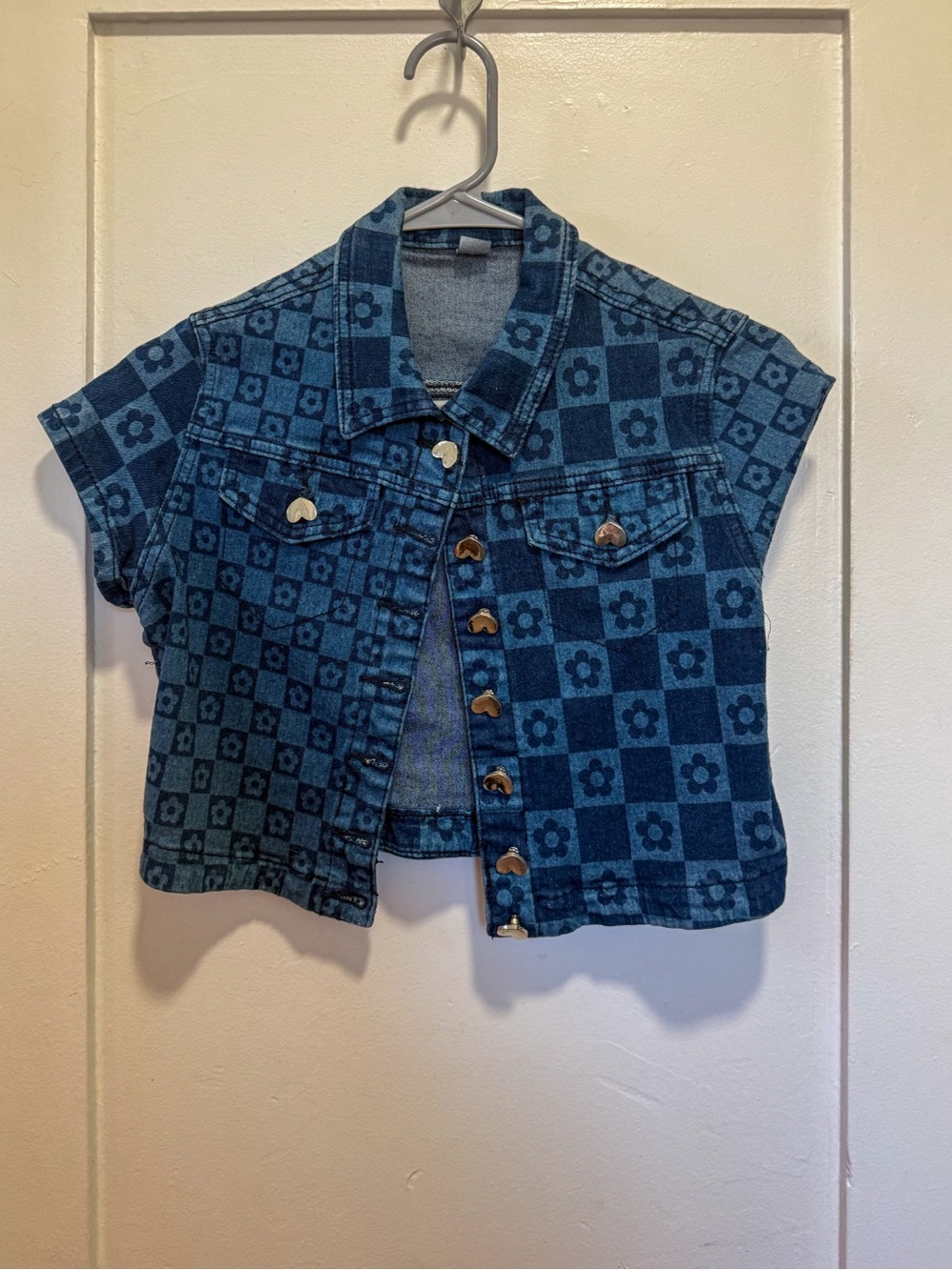 Blue Patterned Short-Sleeve Denim Jacket